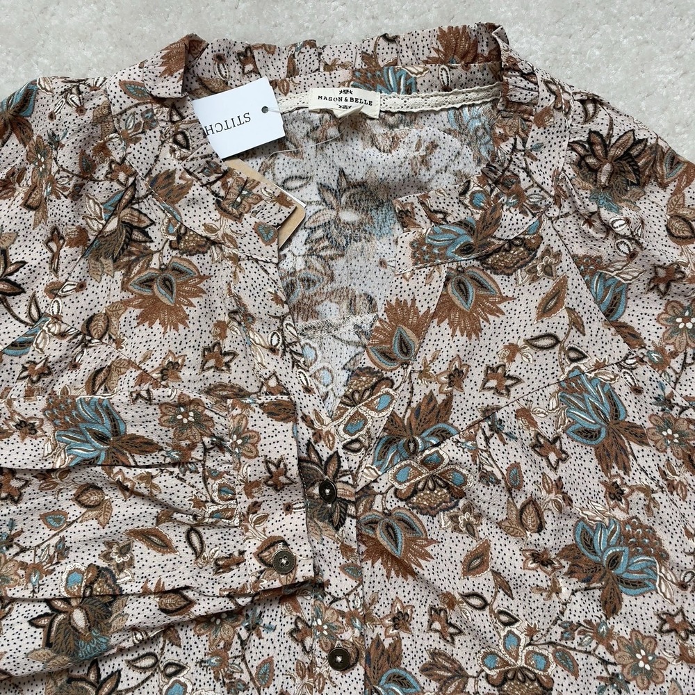Mason & Belle Alberta Button Detail Floral Top Long Sleeve Taupe Women's S NWT